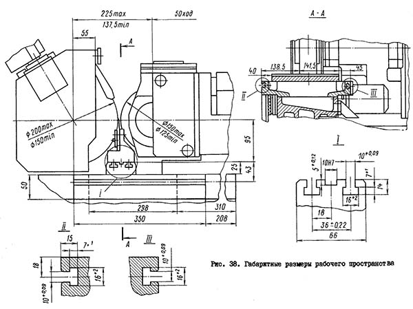 3Е180В Габарит робочого простору. Приєднувальні розміри та посадкові місця безцентрово-шліфувального верстата 3Е180В посадочні місця та приєднувальні розміри круглошліфувального безцентрового верстата. Габарит робочого простору круглошліфувального безцентрового верстата